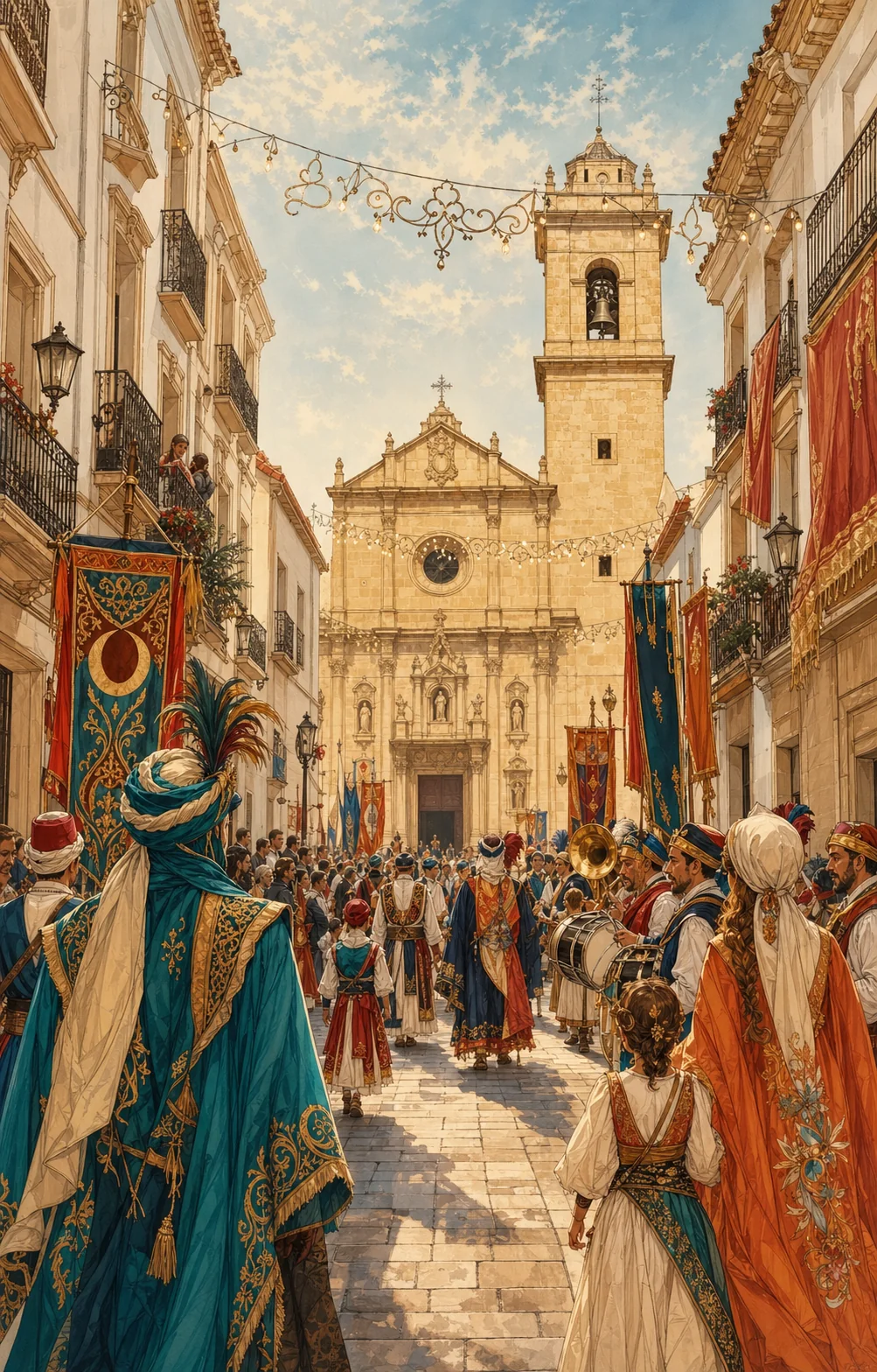 Moros y Cristianos de Castalla 2026 en el Carrer Major de Castalla, con la iglesia al fondo.